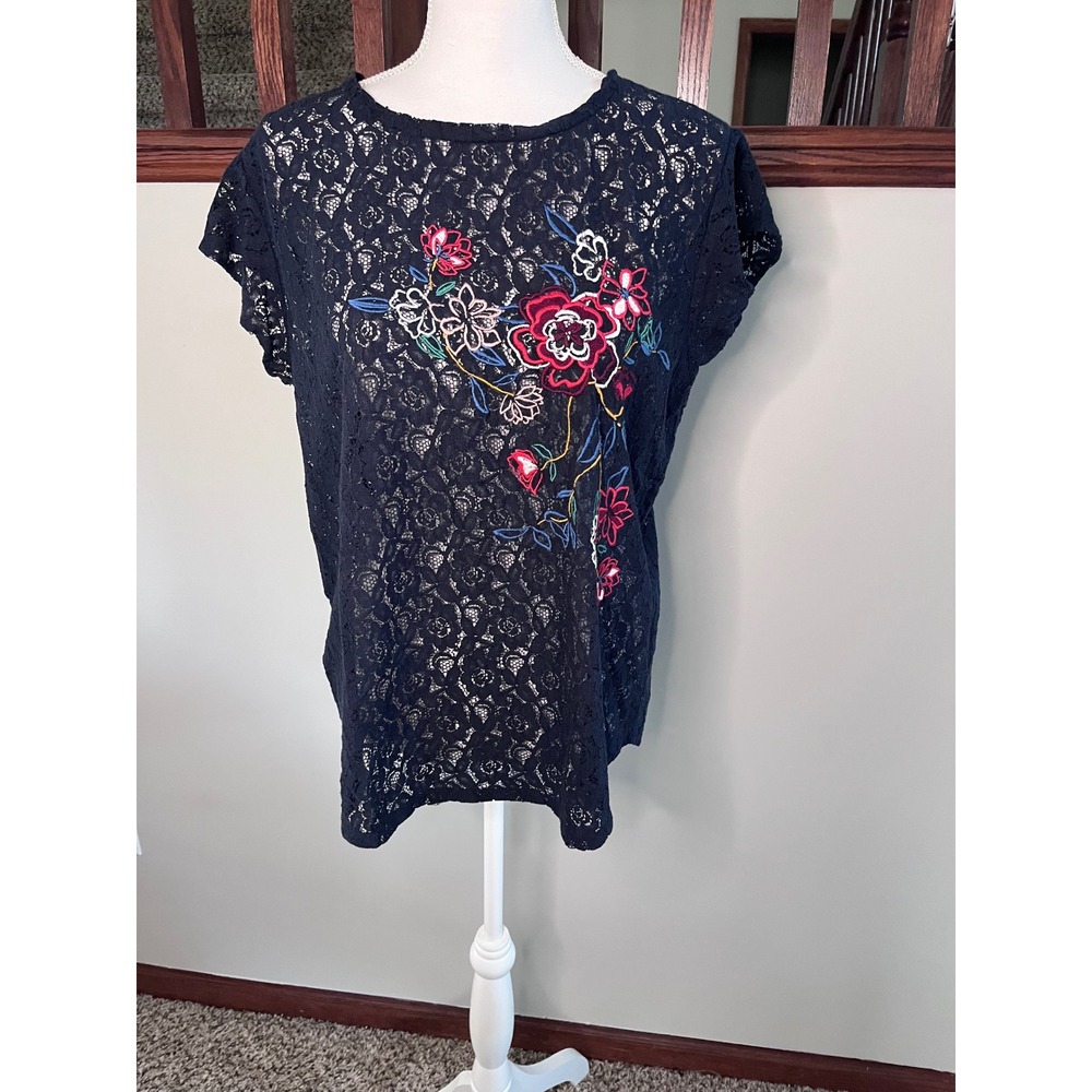 LOFT Navy Blue Floral Lace Embroidered Short Sleeve Blouse Top Large